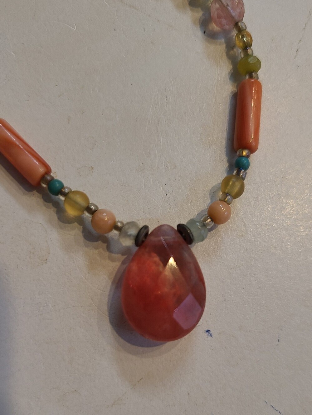 Beaded Multi Color Necklace With Coral Pendant - Picture 2 of 3